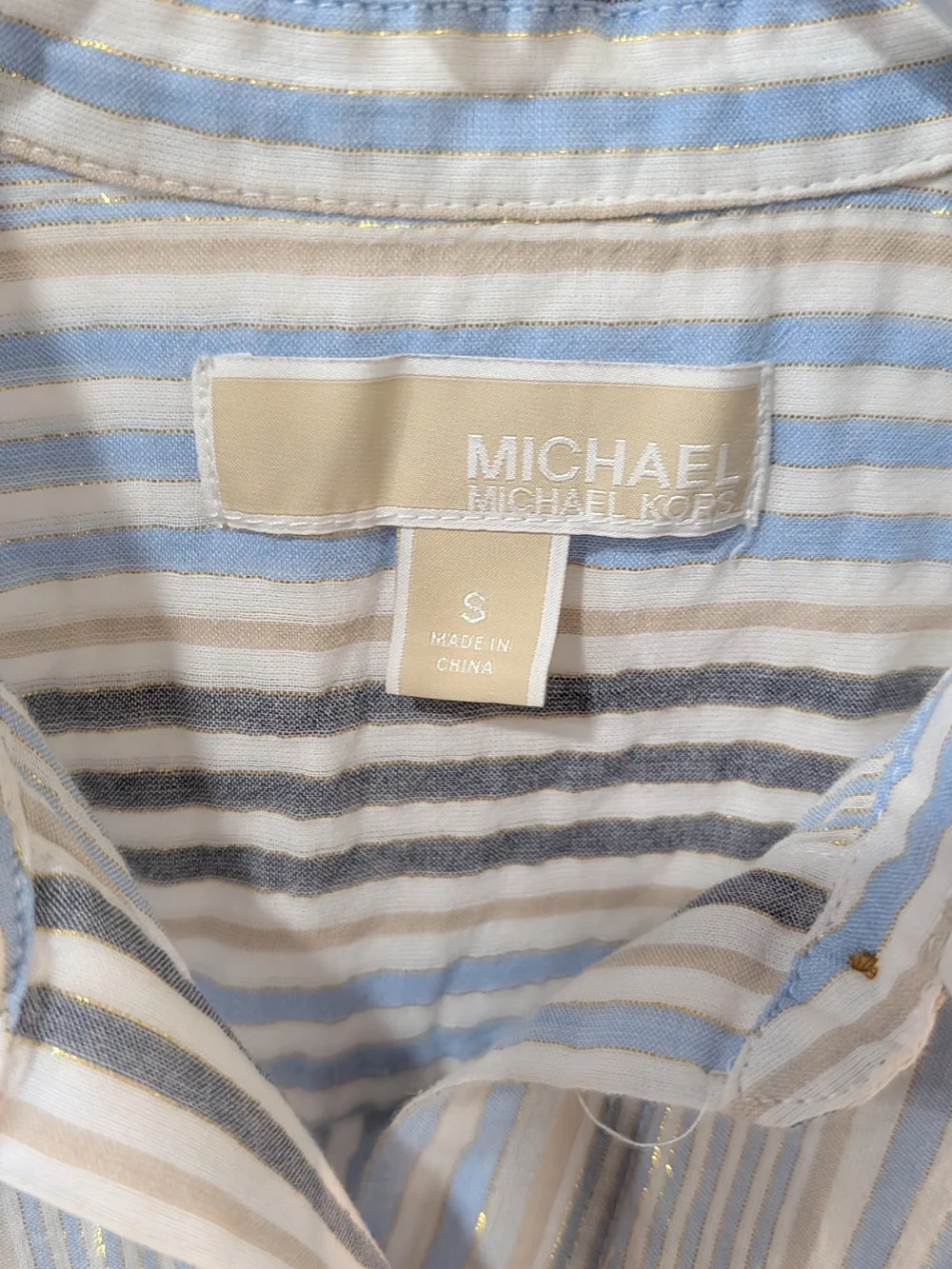 Michael Kors Light Blue, White & Gray Striped Tie-Hem Button Shirt